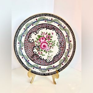 vintage large CHINESE FAMILLE ROSE PLATE w/ solid brass large easel!